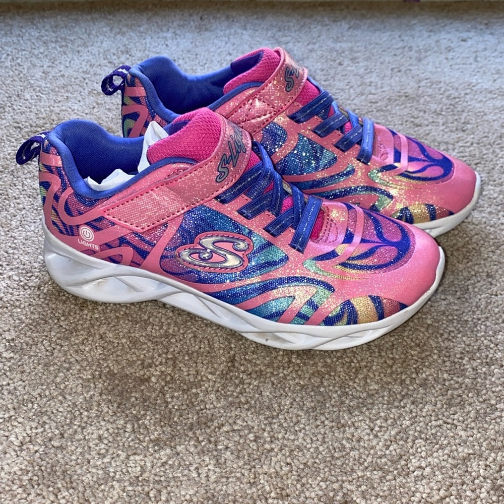 Sketchers slip on sneakers, wild metallic pink/purple pattern, size 2 youth
